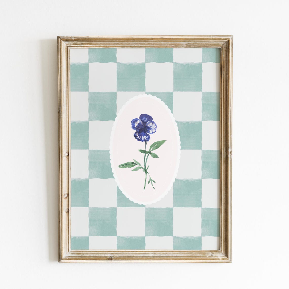 Blue Checkered Pansy Poster with Mint Gingham and Oval Medallion