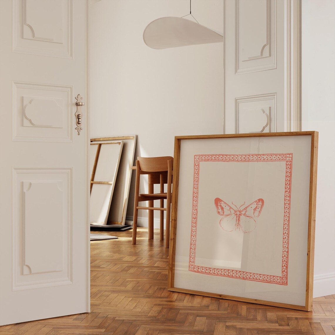 Minimalist Red Line Butterfly With Ornate Border Square Art Print - Image 2