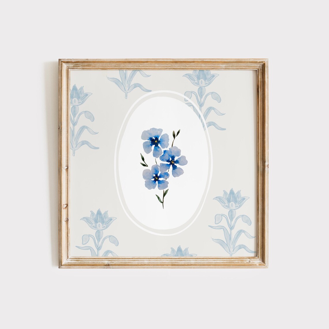 Blue Daisy Watercolor Oval On Grey Toile Floral Wallpaper Poster