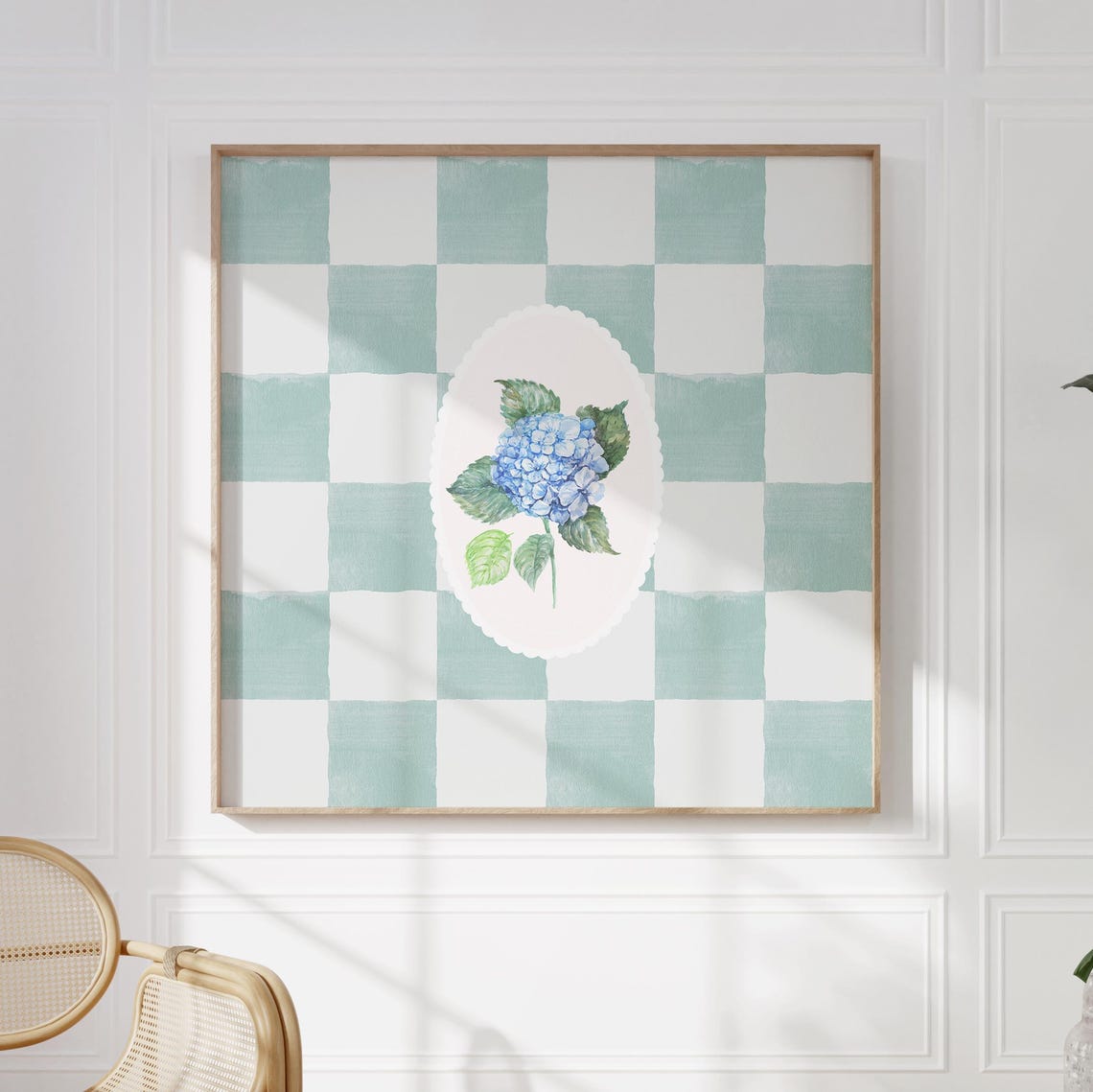 Blue Hydrangea Oval Bloom on Teal Gingham Check Floral Print