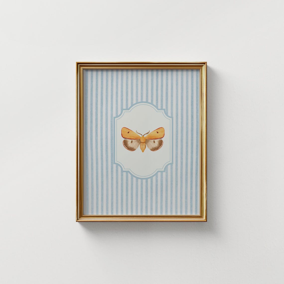 Golden Moth Illustration in Scalloped Frame Blue Striped Print - Image 3