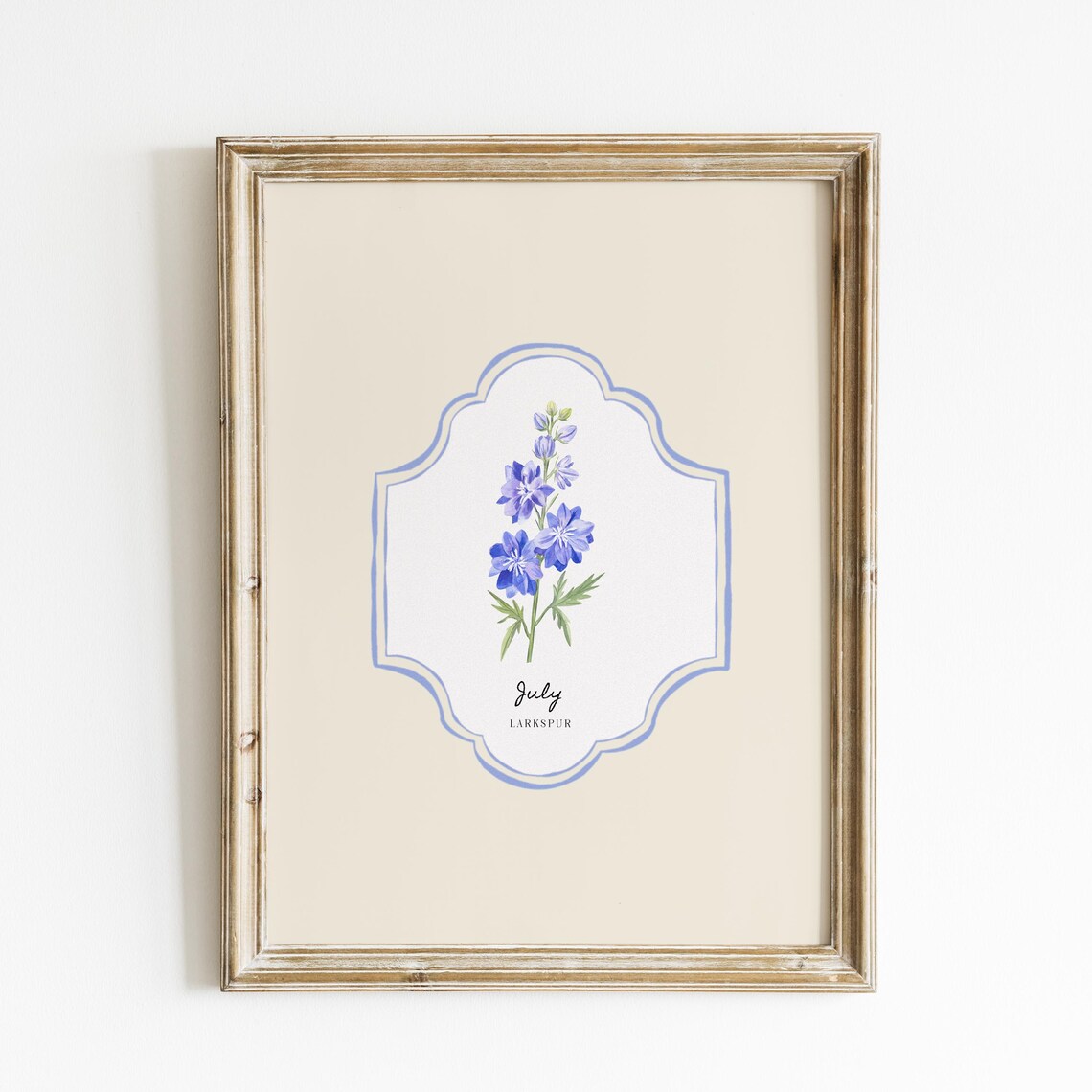 July Larkspur Birth Flower Blue Watercolor Botanical Wall Art Print