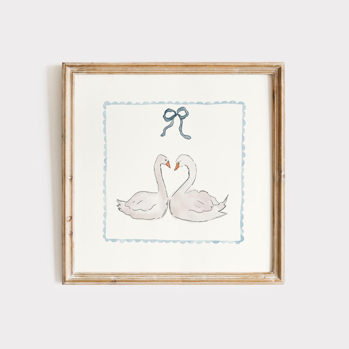 White Swan Pair Blue Bow Scalloped Border Romantic Watercolor Poster
