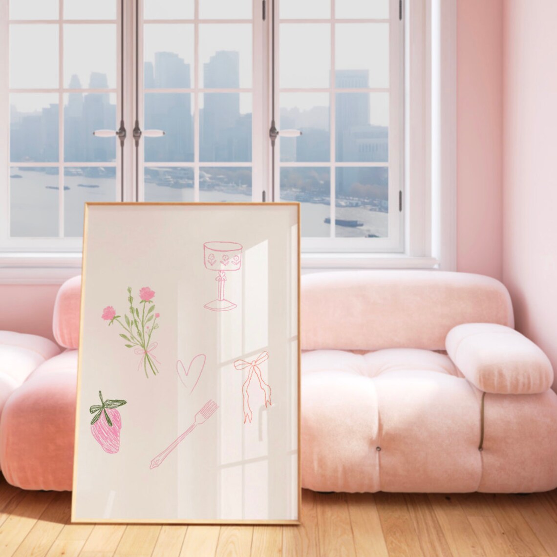 Girly Pink Strawberry Wine Doodle Illustration Kitchen Poster - Image 3
