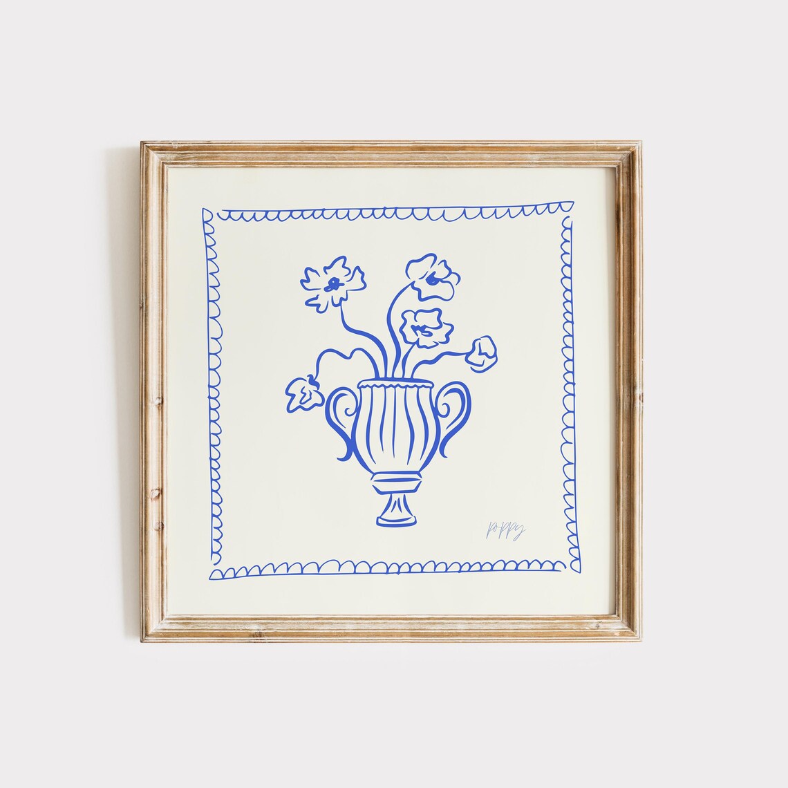 Cobalt Blue Line Poppies Urn Vase Scalloped Border Sketch Wall Poster - Image 3