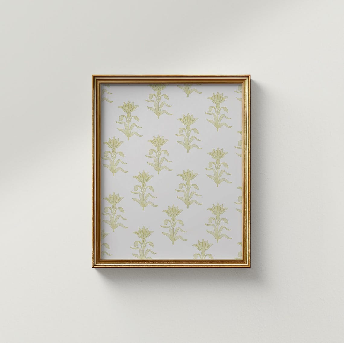 Chartreuse Green Block Print Floral Pattern Vintage Vertical Art Print - Image 3