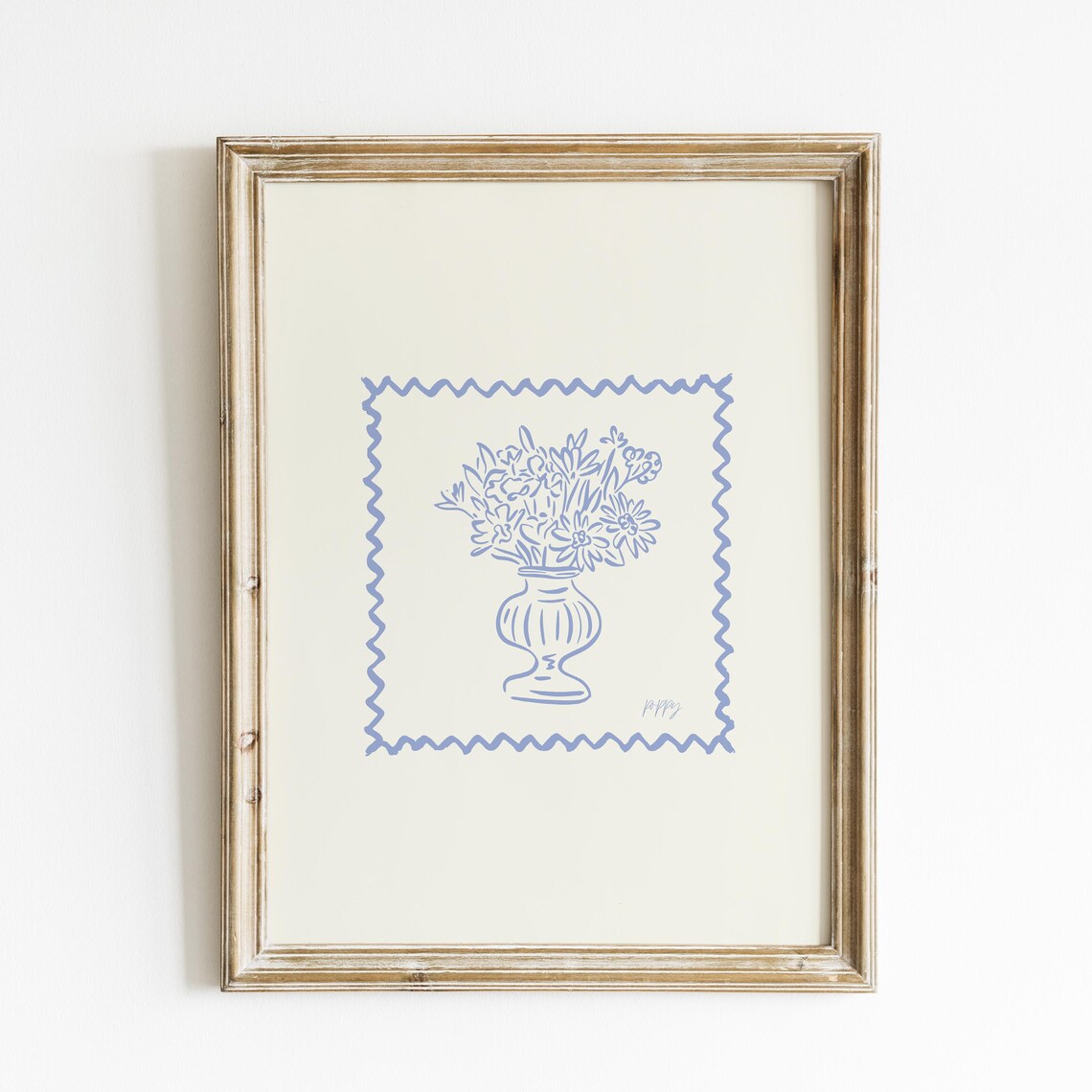 Blue Floral Urn Stamp Border Line Art Cream Print Vintage Poster
