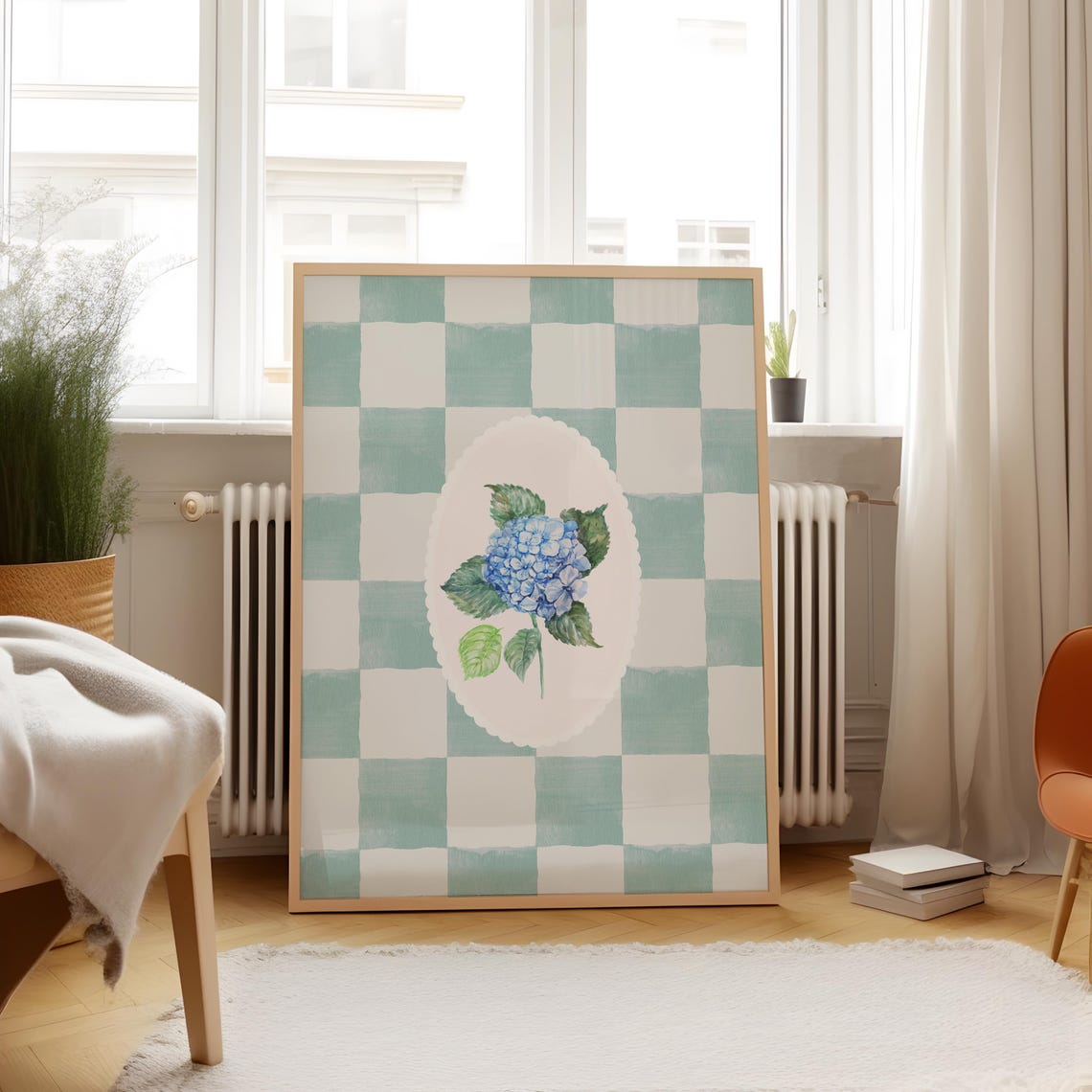 Blue Hydrangea Watercolor Cameo on Blue Gingham Check Poster