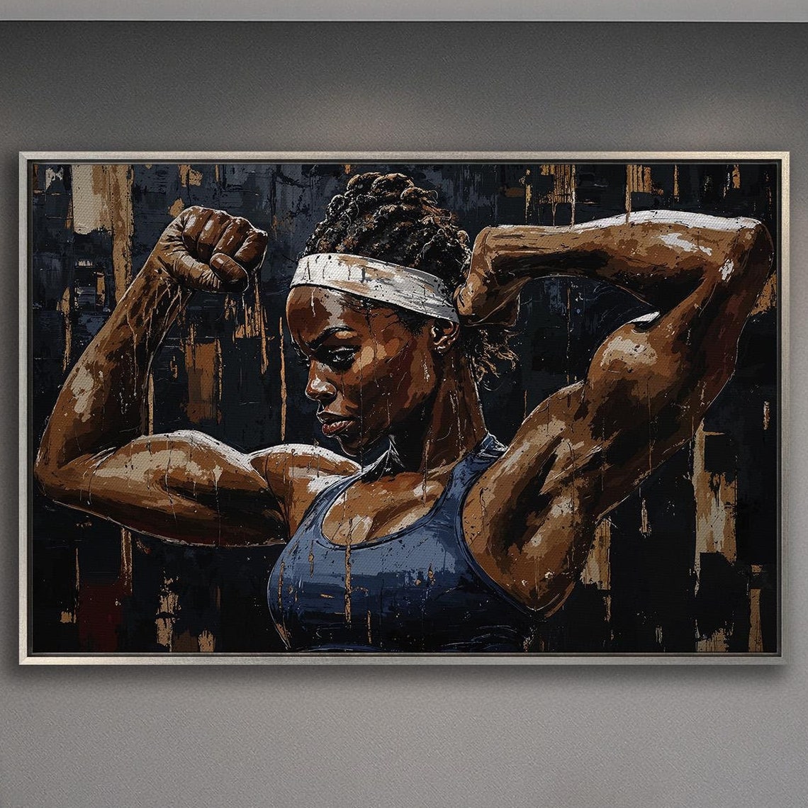 Powerful Female Athlete Double Biceps Flex Pose Portrait Poster
