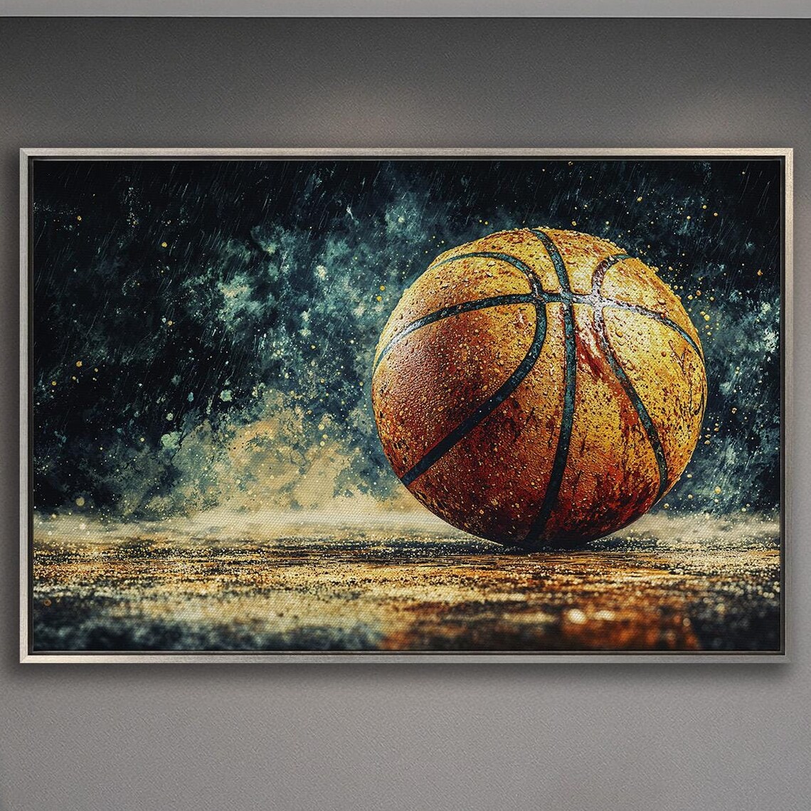 Basketball Close Up On Dark Grungy Court Dramatic Sports Poster