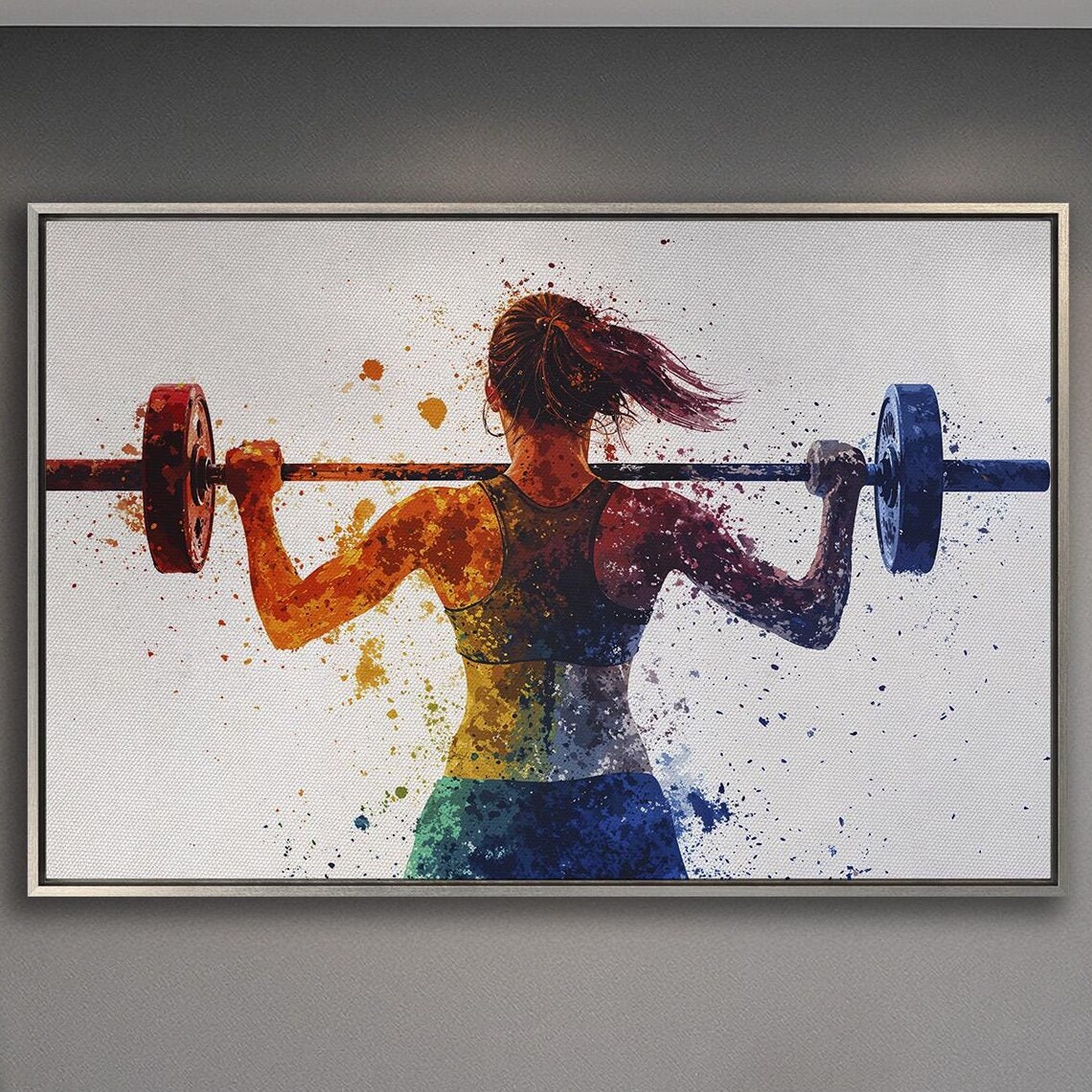 Woman Weightlifter Squatting With Barbell Splash Watercolor Poster