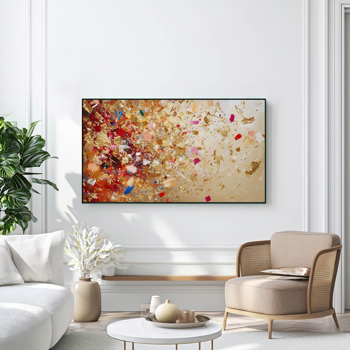 Gold Leaf Abstract Painting Red Confetti Textured Modern Poster - Image 2