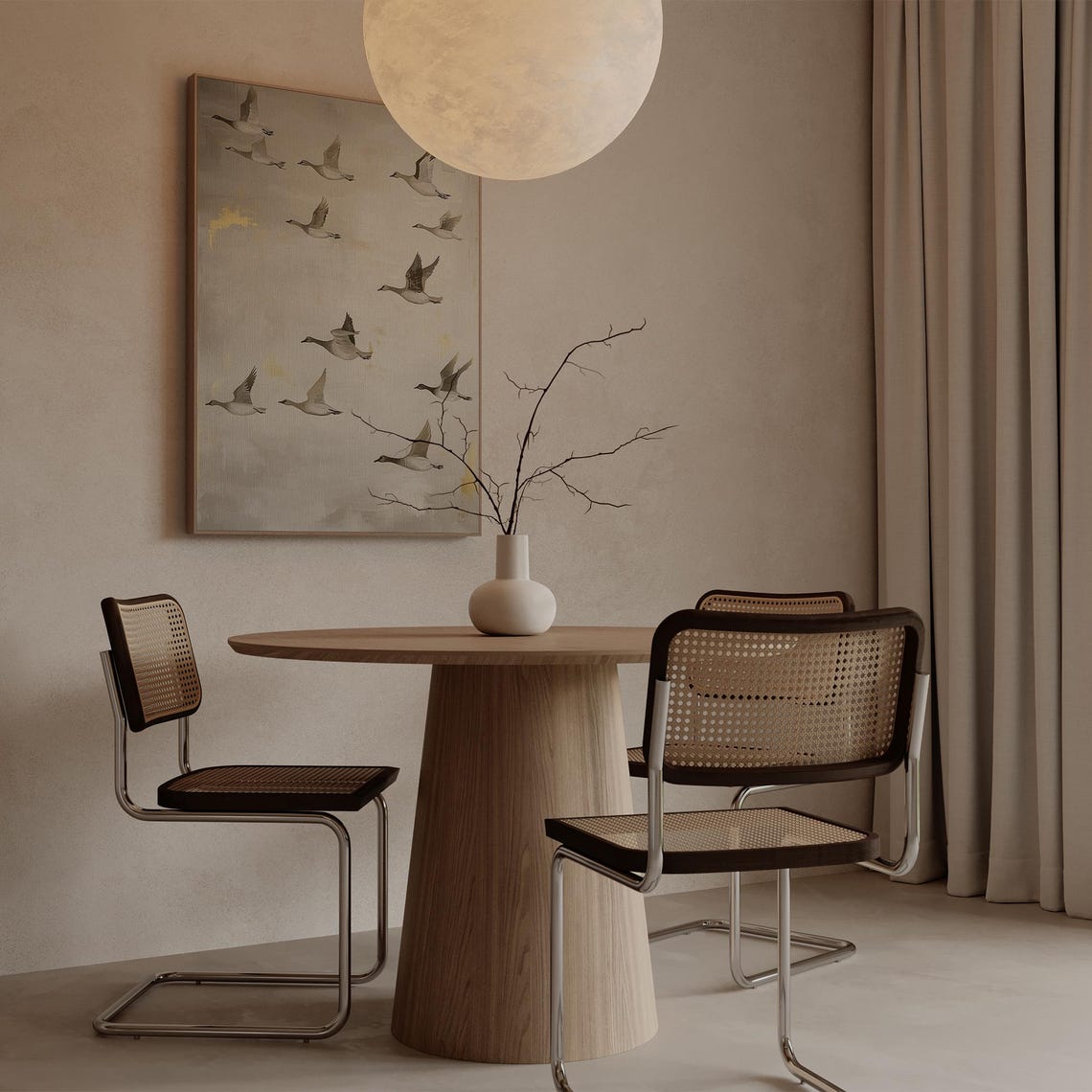 Flying Cranes Flock Beige Minimalist Birds in Flight Scene Poster