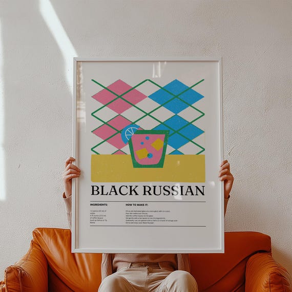 Home Bar Wall Art Black Russian Cocktail Print Retro Coffee Liqueur Drink Poster With Graphic Geometric Design