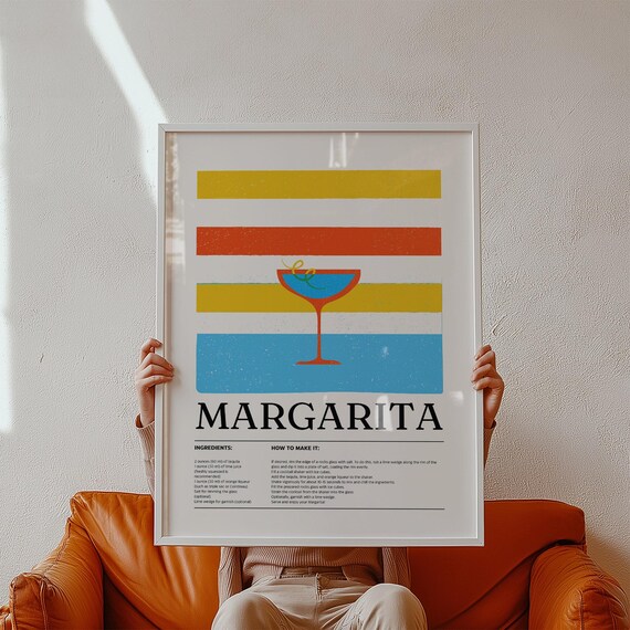 Margarita Cocktail Recipe Poster Retro Striped Bar Kitchen Decor