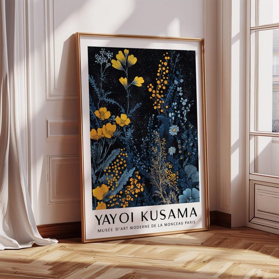 Kusama Museum Inspired Print With Vibrant Orange And Blue Floral Forms Bold Dot Textures And A Moody Modern Backdrop For Dramatic Spaces