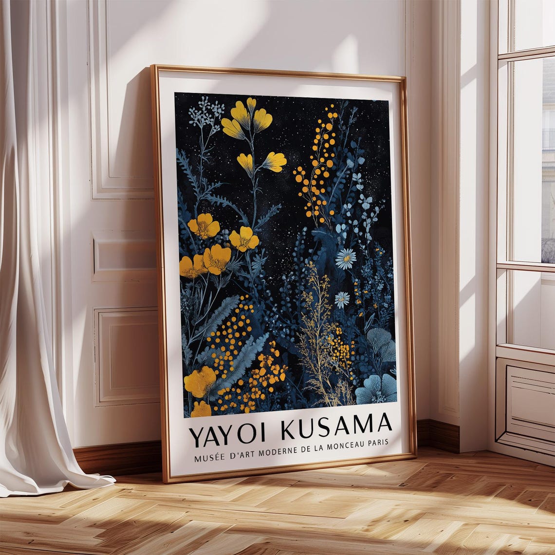 Kusama Museum Inspired Print With Vibrant Orange And Blue Floral Forms Bold Dot Textures And A Moody Modern Backdrop For Dramatic Spaces