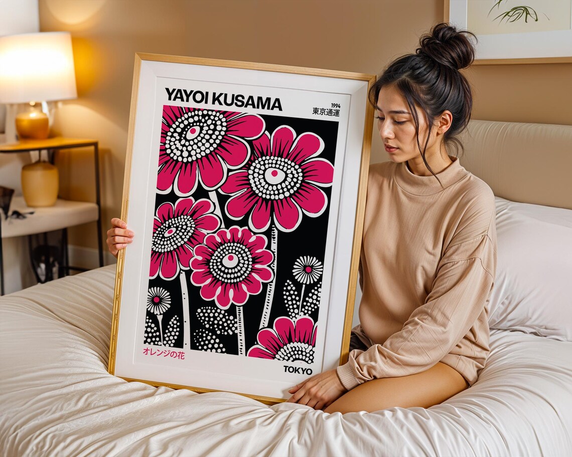 Yayoi Kusama Orange Flowers 1994 Pink Floral Black Art Poster - Image 4