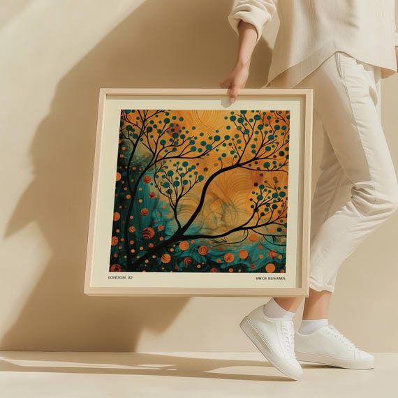 Square Abstract Nature Wall Art For Bedroom Orange And Green Tree Landscape Print For Living Room Office Shelf Display Kusama Inspired