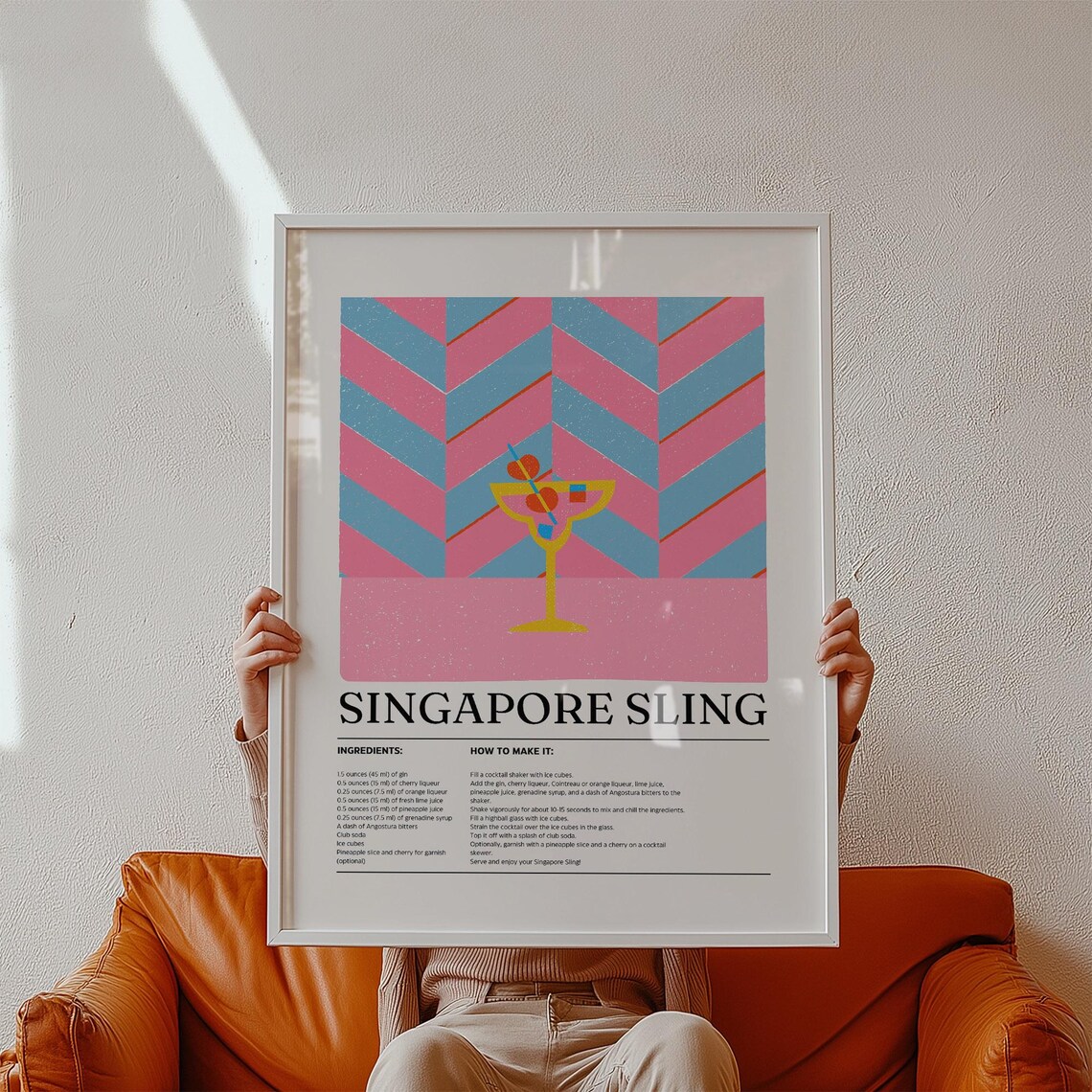 Singapore Sling Cocktail Recipe Poster Retro Chevron Bar Decor