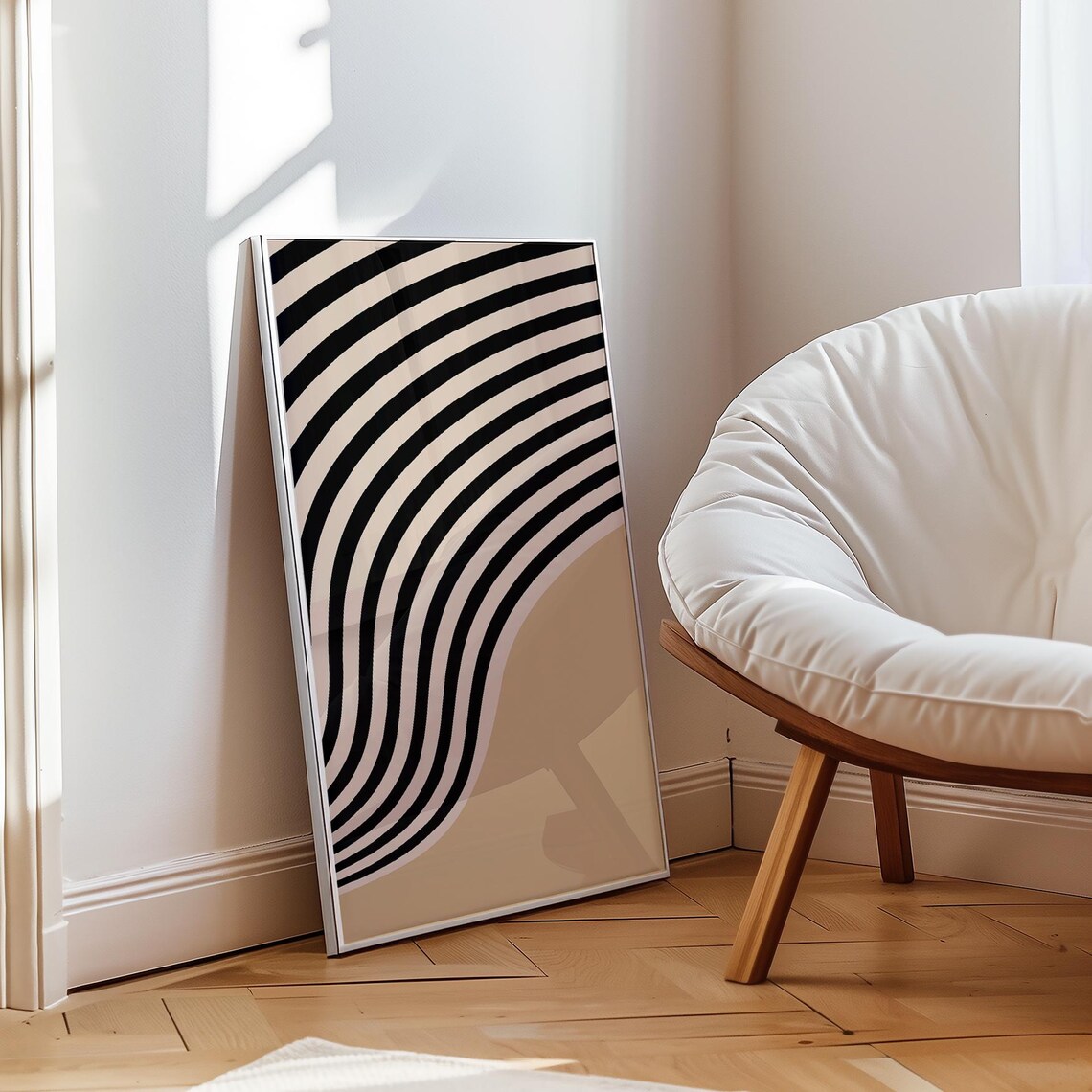 Bold Black White Wavy Stripe Beige Wave Modern Op Art Poster - Image 3