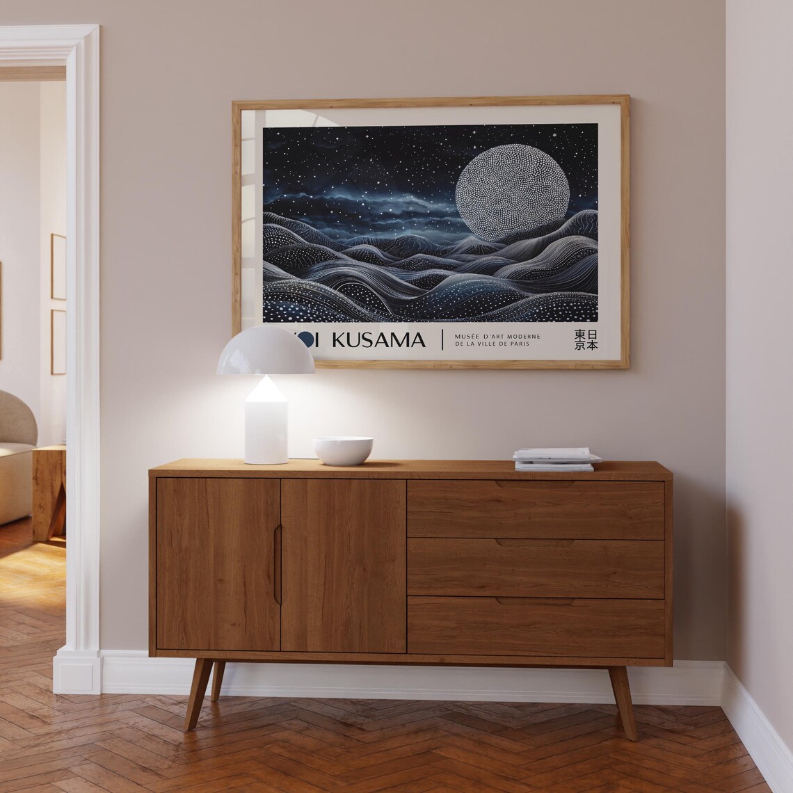 White Dotted Moon Over Night Waves Yayoi Kusama Museum Poster - Image 3
