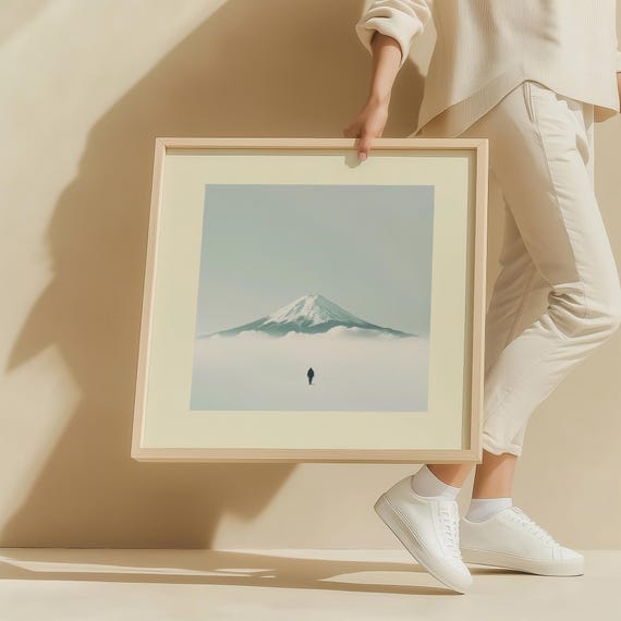 Solo Journey To Mount Fuji Surreal Wall Art Minimalist Travel Print Dreamlike Misty Mountain Poster Contemporary Japan Artwork Gift Idea