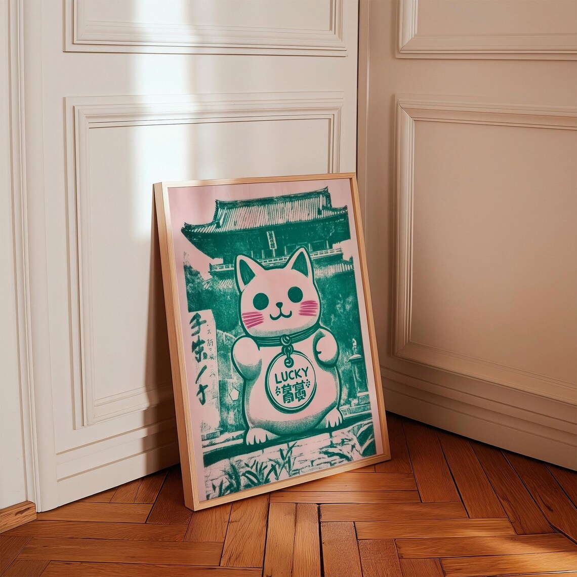 Lucky Cat Maneki Neko Pink Green Japanese Temple Fortune Poster - Image 4