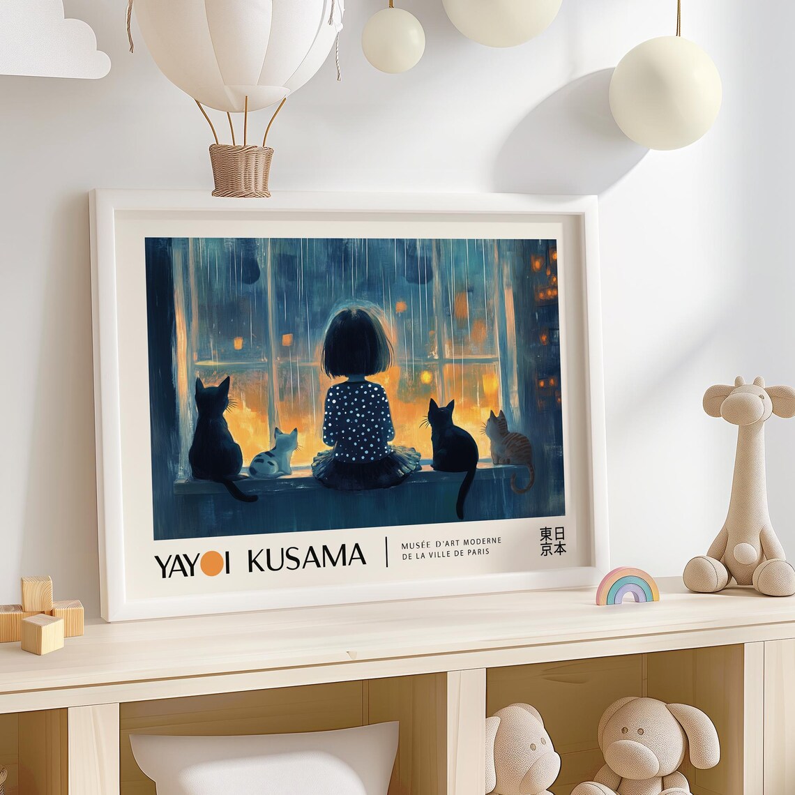 Yayoi Kusama Rainy Night Window Girl And Cats Cozy Scene Style Poster - Image 4