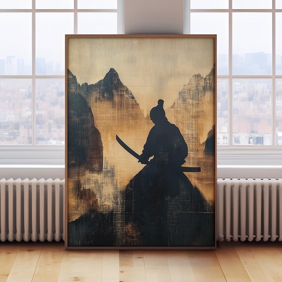 Samurai Warrior Silhouette Gold Mountain Ink Wash Art Poster