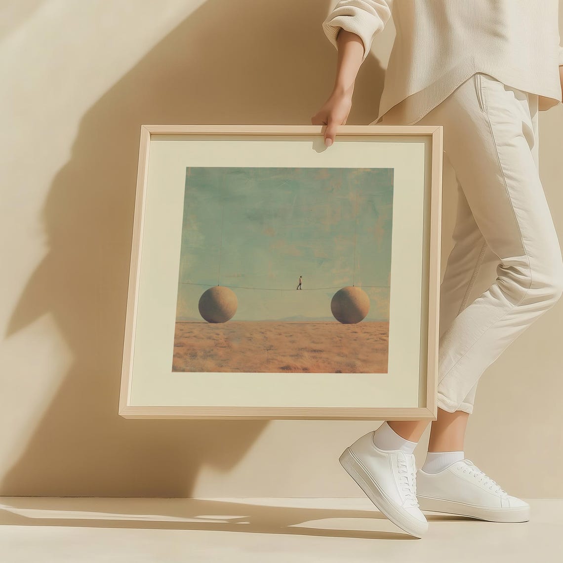 Surreal Balance Wall Art Minimalist Dreamscape Print Conceptual Tightrope Poster Modern Abstract Artwork Futuristic Desert Decor