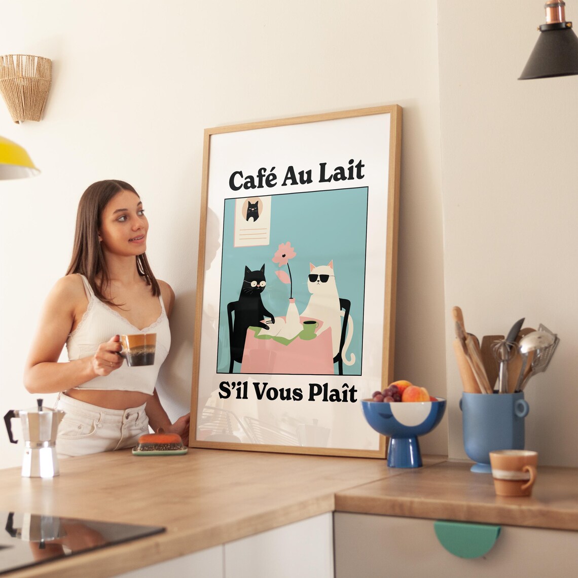Cafe Au Lait Funny Black White Cats French Coffee Shop Art Poster - Image 4