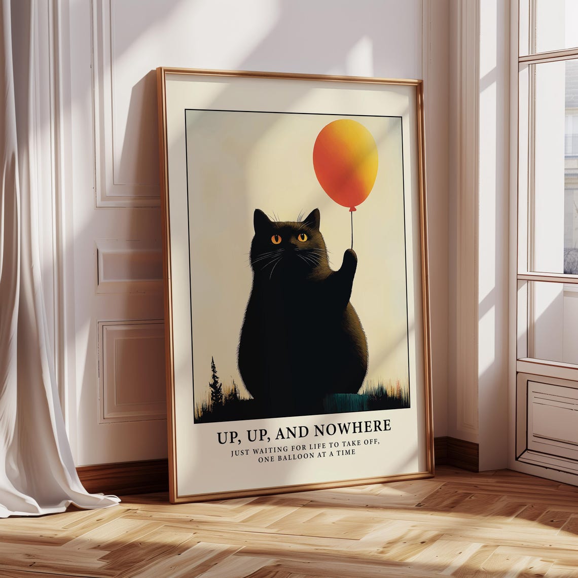 Fat Cat Wall Art For Living Room Print For Living Room Poster Black Cat Print For Bedroom Wall Art Cat With Balloon Poster For Bedroom Print