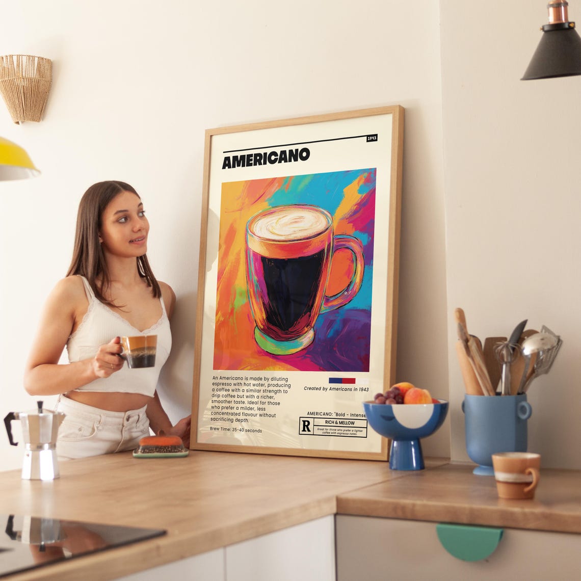 Americano Coffee Colorful Recipe Kitchen Wall Art in Bold Style