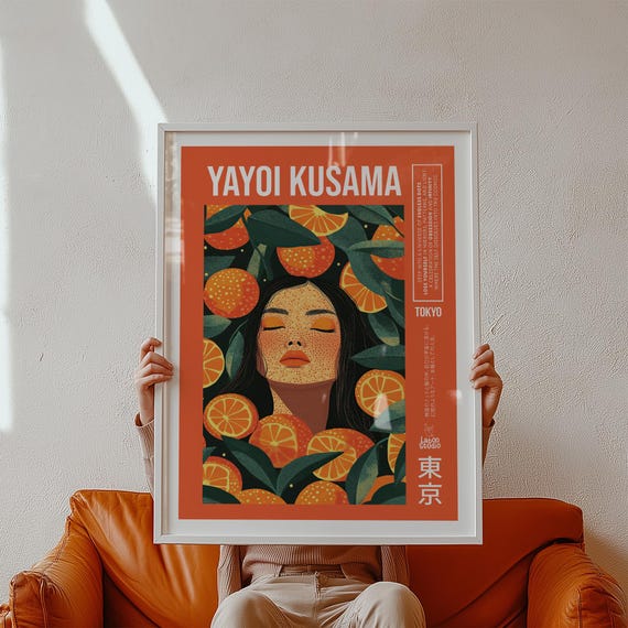 Cool Wall Art Modern Pop Art Print Of Woman With Oranges Inspired By Yayoi Kusama Bold Orange Fruit Poster For Kitchen Or Gallery Wall