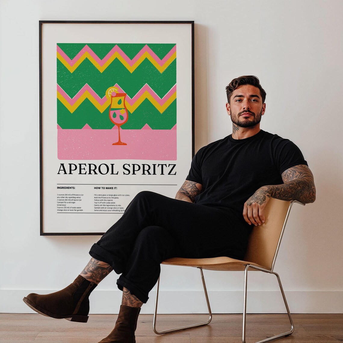 Aperol Spritz Cocktail Recipe Poster Retro Zigzag Kitchen Bar Decor - Image 2