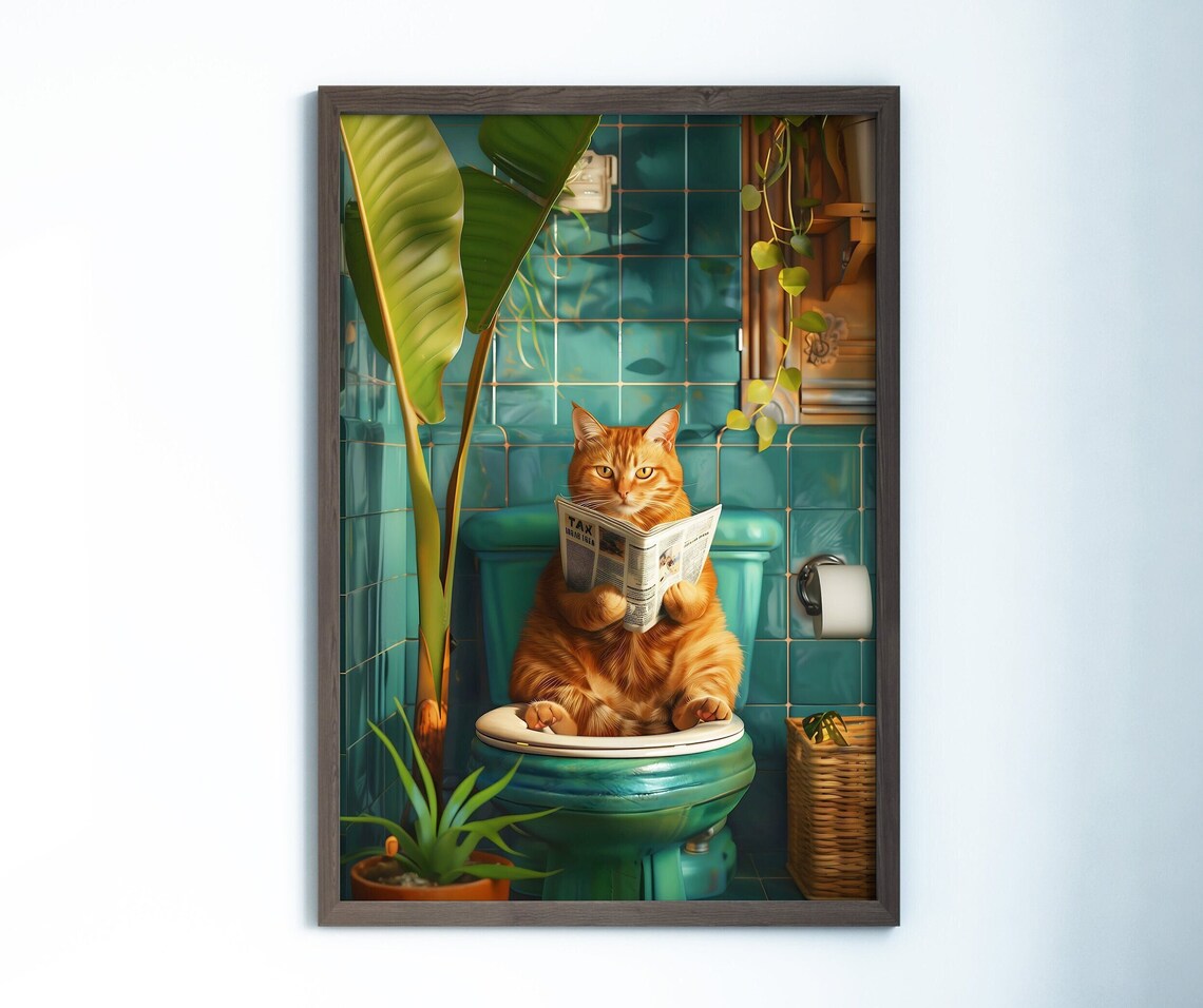 Orange Cat On Toilet Bathroom Funny Cat Poster
