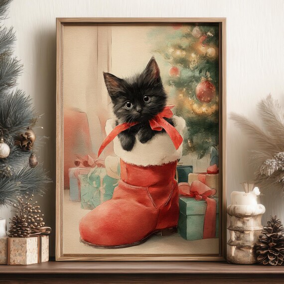 Adorable Black Kitten in Santa Boot with Red Bow Christmas Poster
