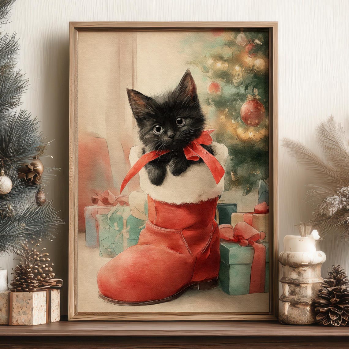 Adorable Black Kitten in Santa Boot with Red Bow Christmas Poster