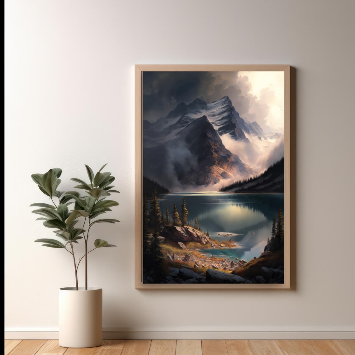 Snowy Mountain Peak Rising Above a Misty Alpine Lake Art Poster