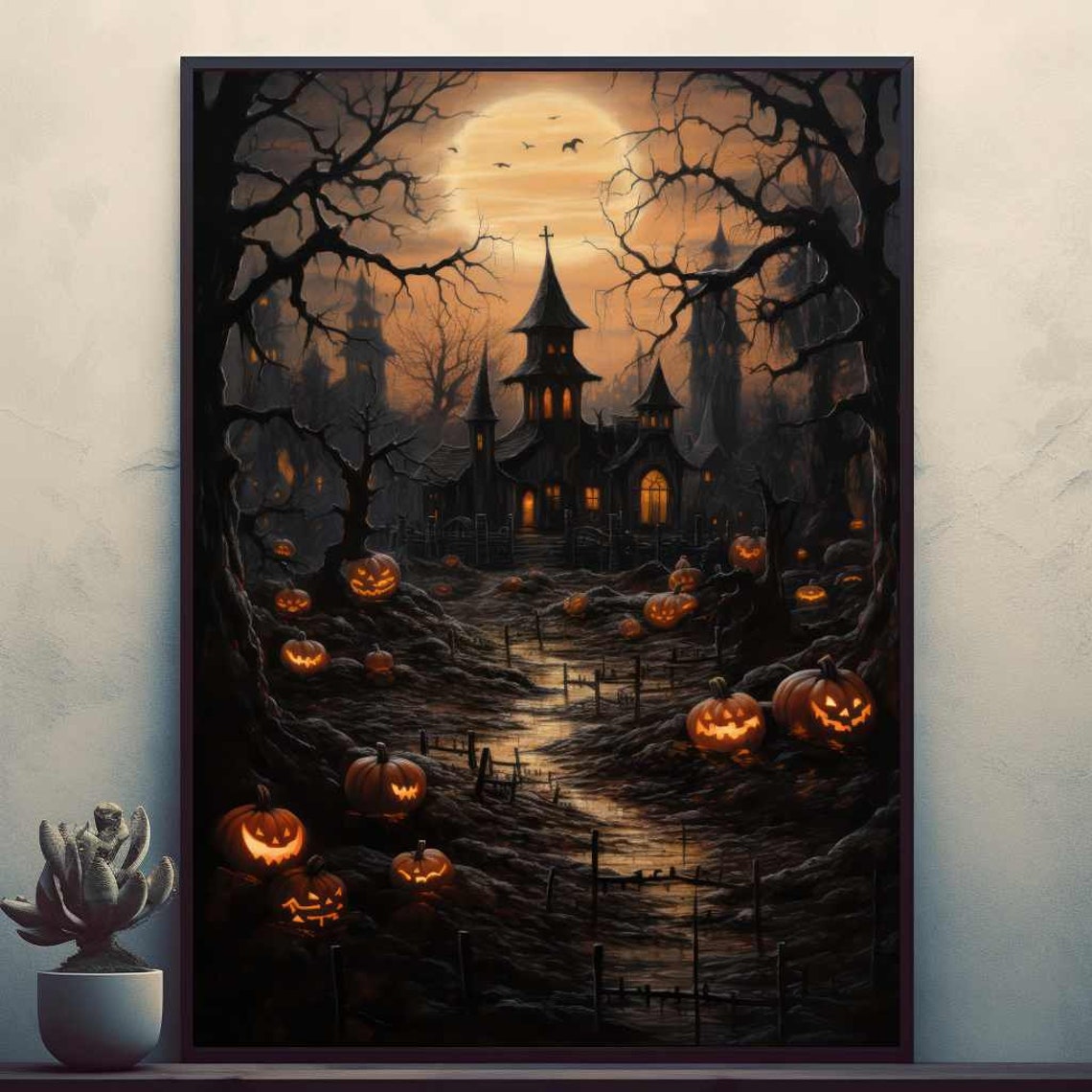 Haunted Church with Jack O Lanterns on Halloween Night Poster
