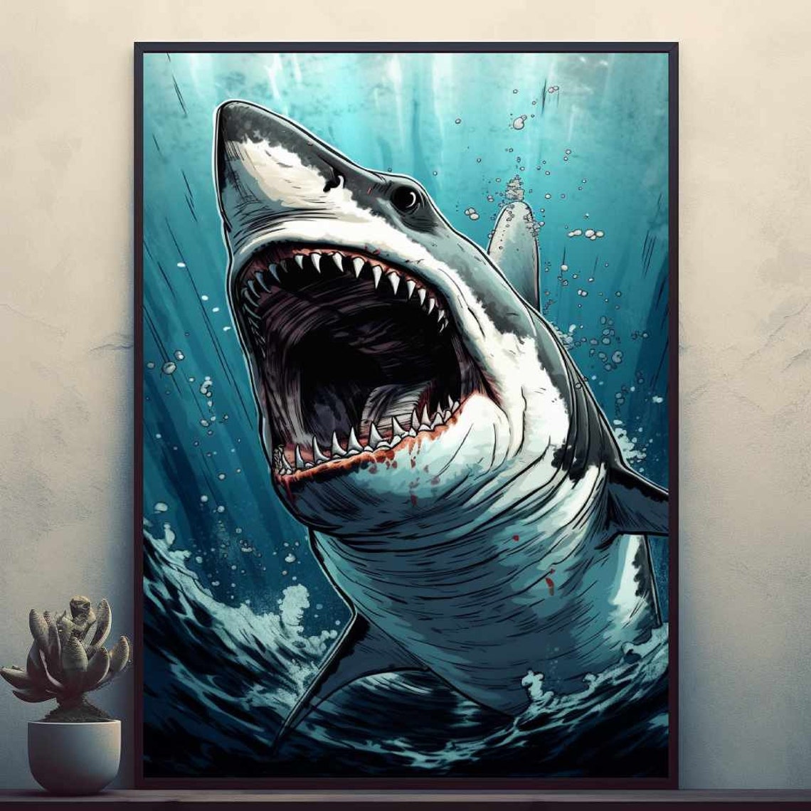 Great White Shark with Jaws Open in Underwater Comic Art Poster