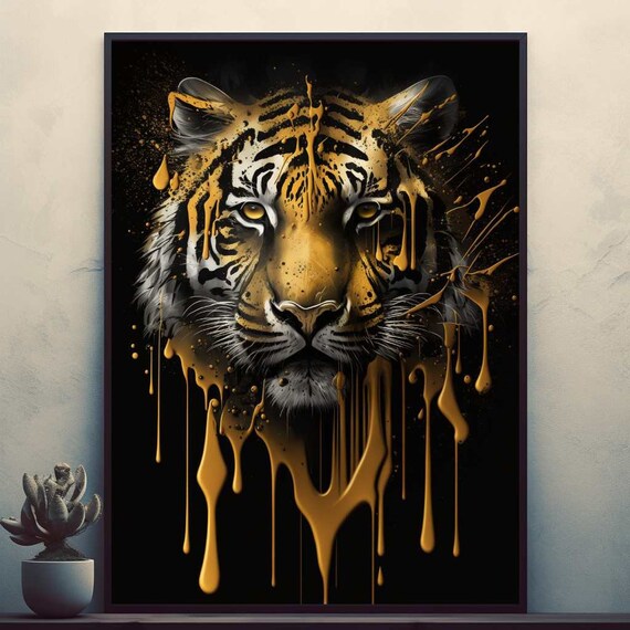 Tiger Face with Dripping Gold Paint on a Black Canvas Poster
