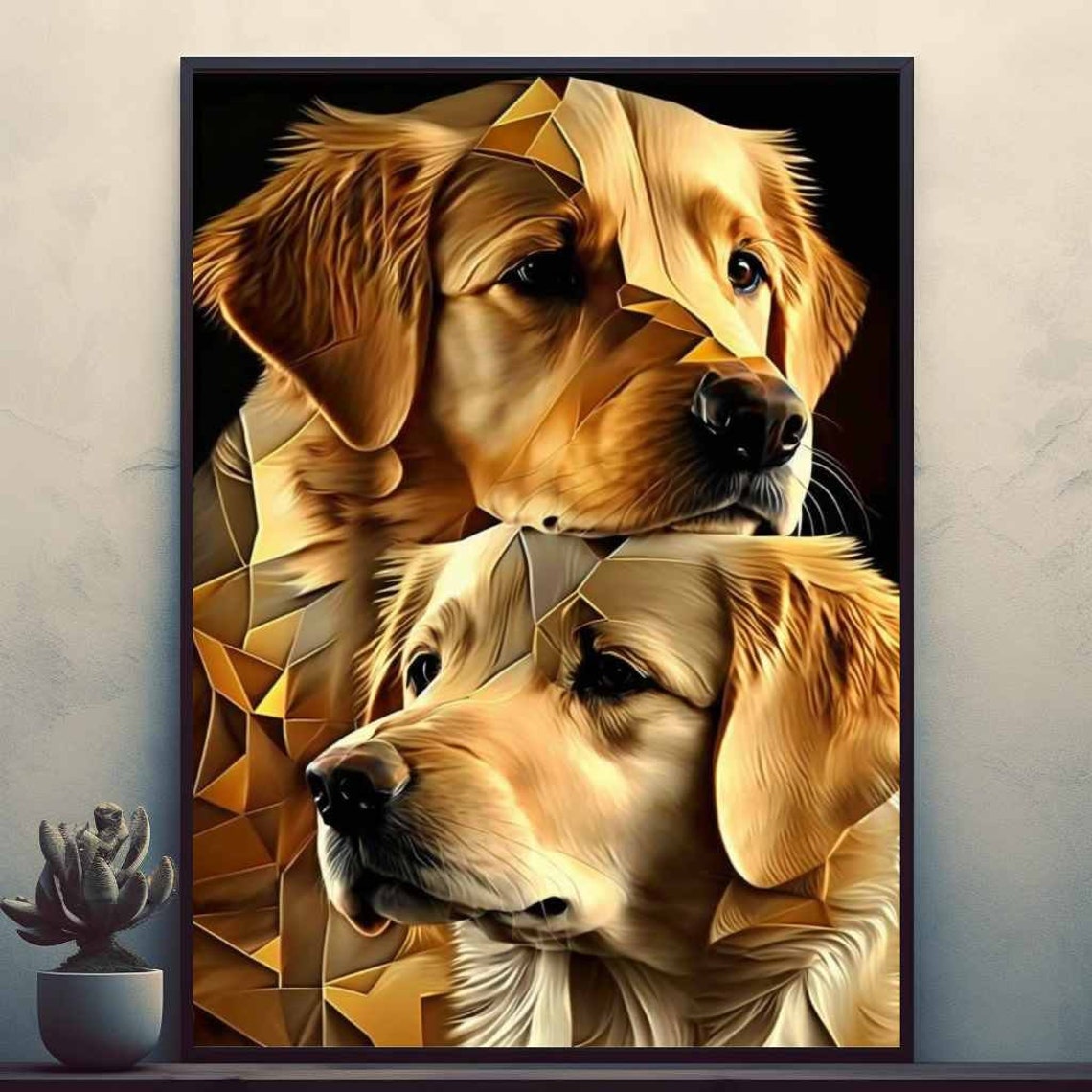 Golden Retriever Duo in a Geometric Gold Tessellation Art Poster