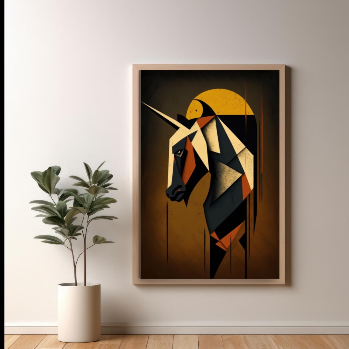Geometric Cubist Unicorn Head Golden Sun Abstract Modern Art Poster