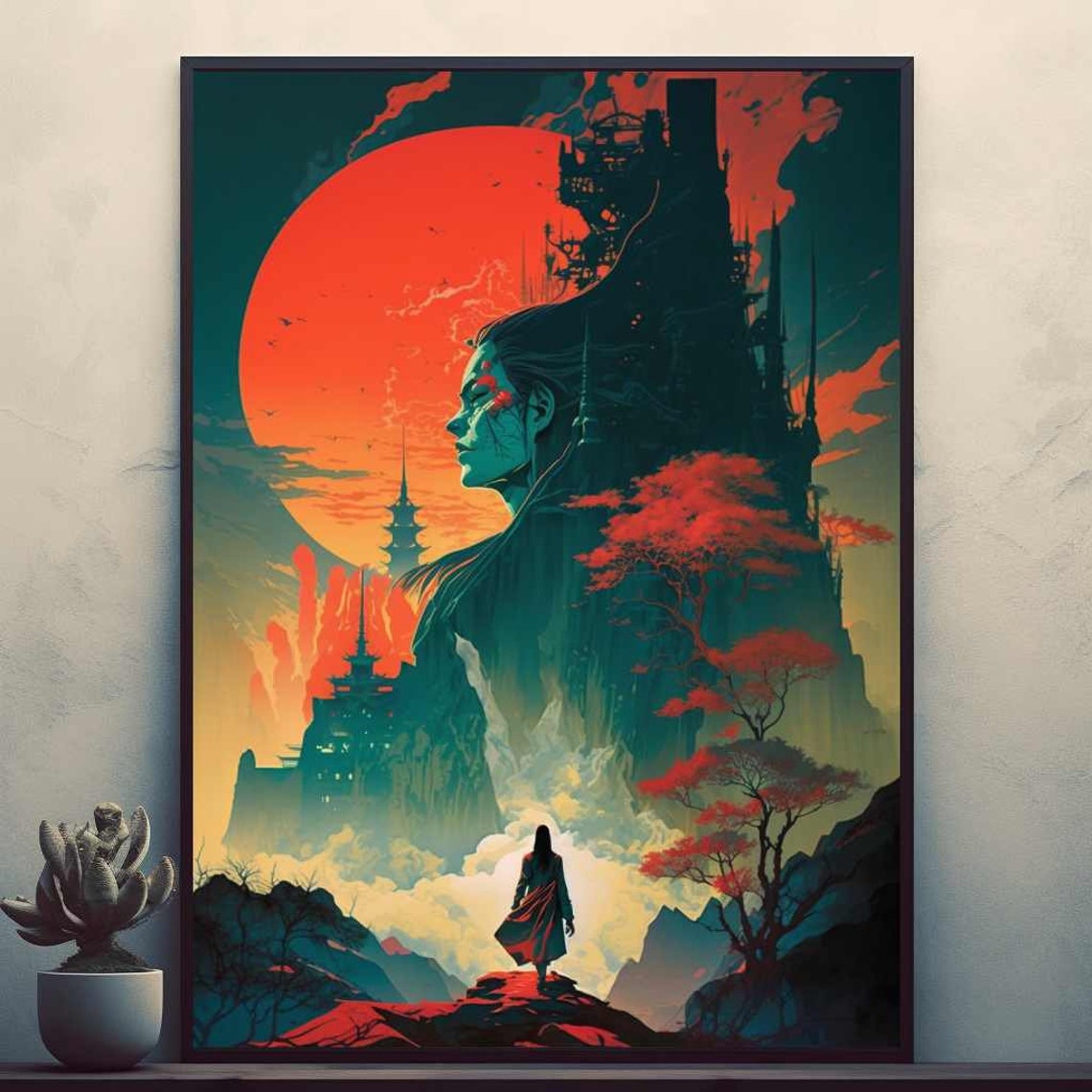 Mystical Japanese Geisha Pagoda Red Sun Double Exposure Art Poster