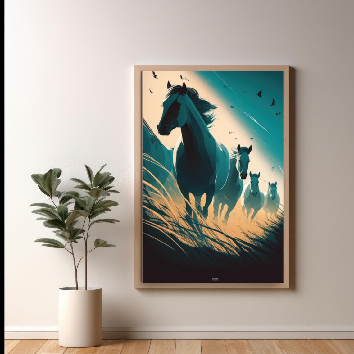 Wild Horses Running at Sunset in Teal and Gold Tones Art Poster