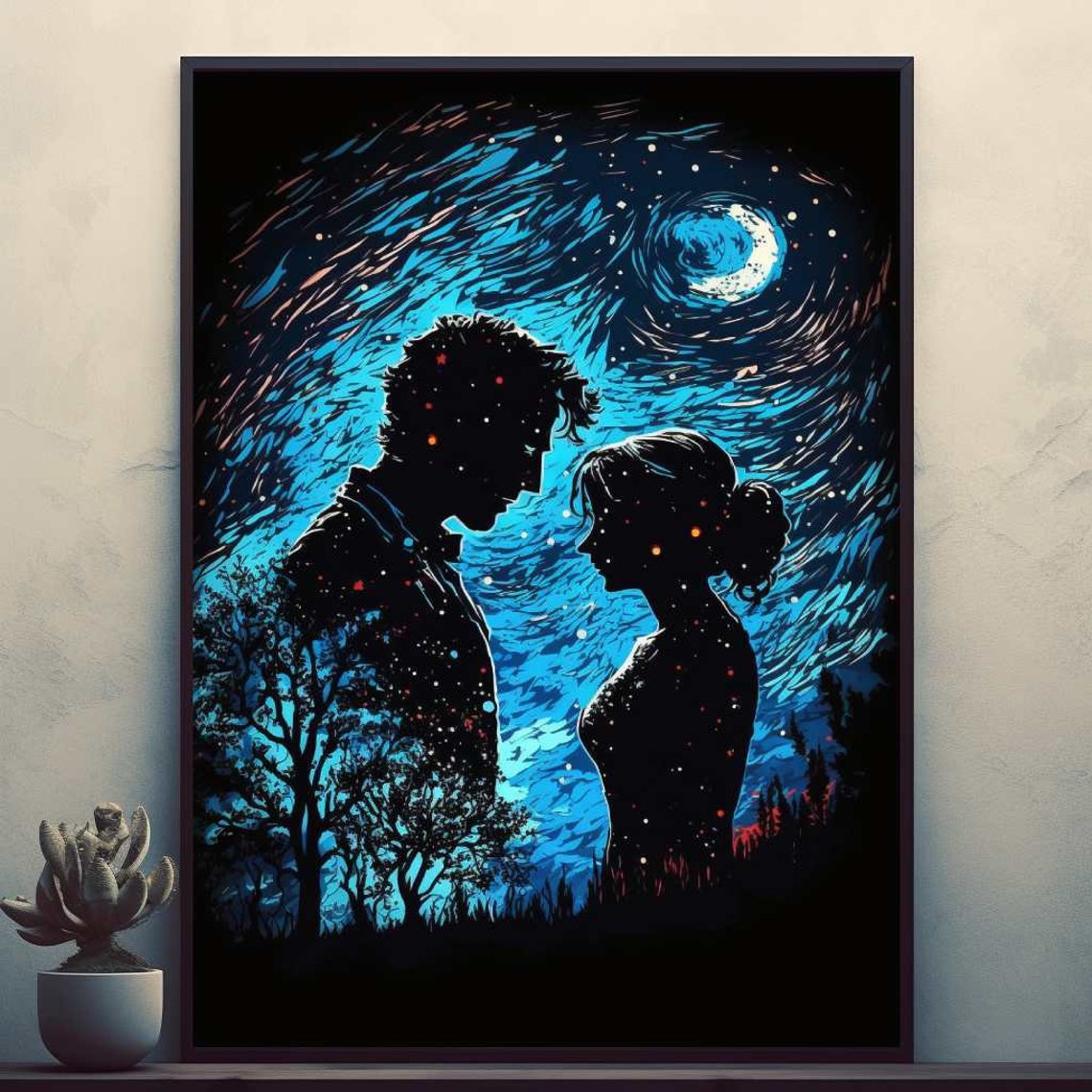 Romantic Couple Silhouette Starry Night Crescent Moon Poster