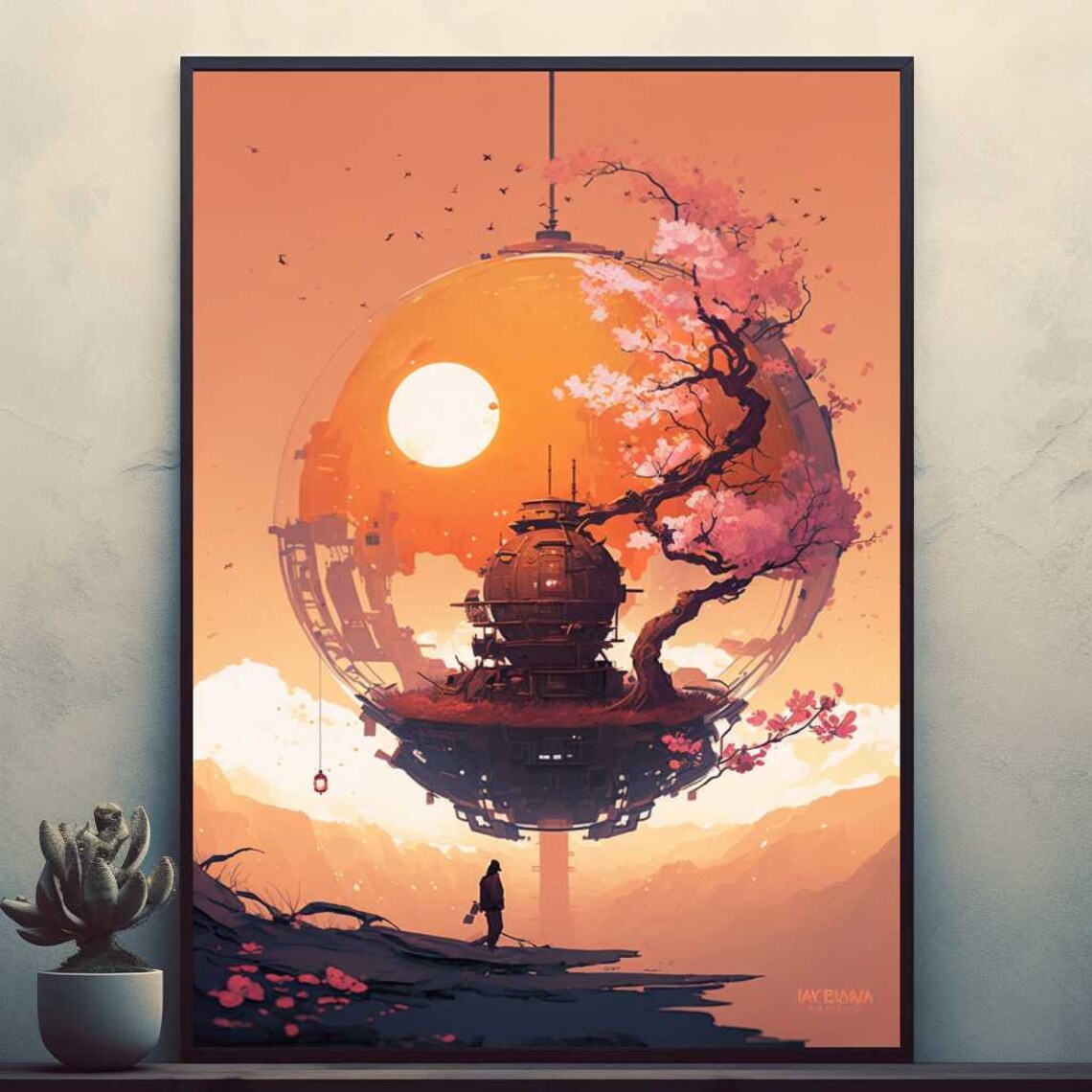 Floating Spherical City Cherry Blossom Sunset Sci Fi Art Poster
