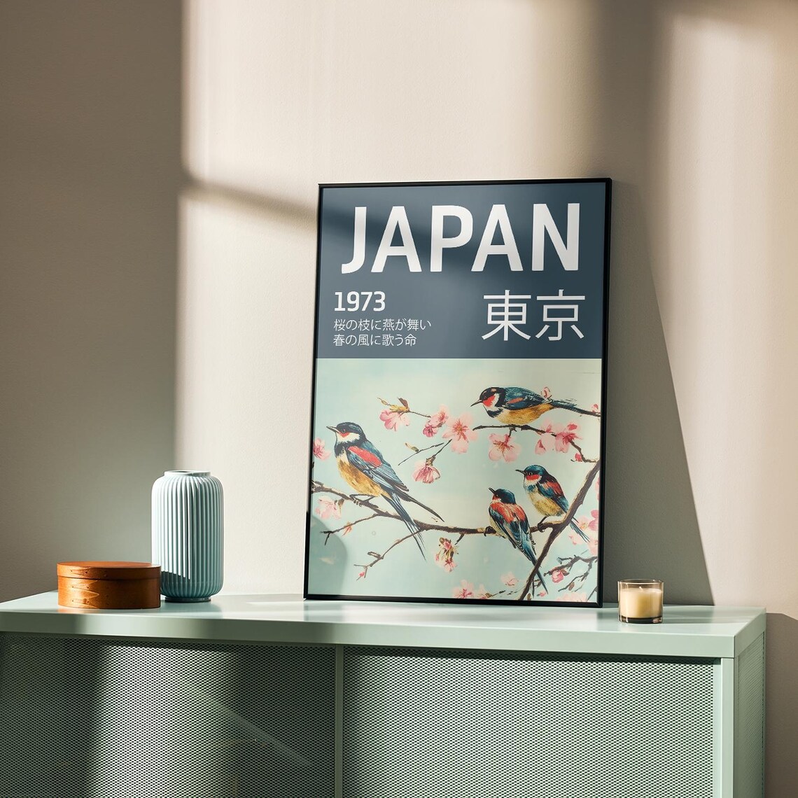 Japan 1973 Tokyo Birds Cherry Blossom Retro Travel Art Poster - Image 3
